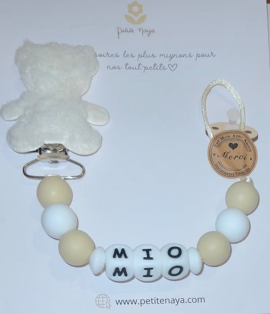 Attache tétine ourson peluche blanc